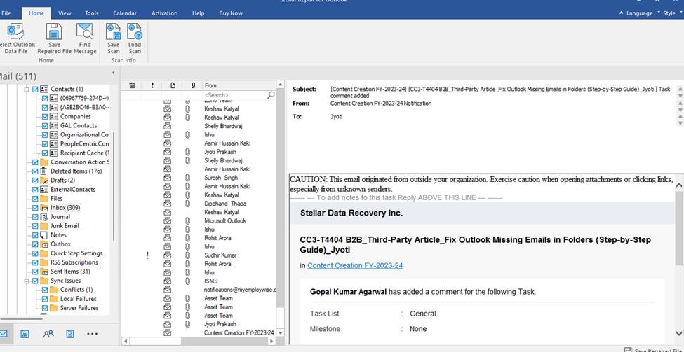 mailbox data in a three-pane preview window
